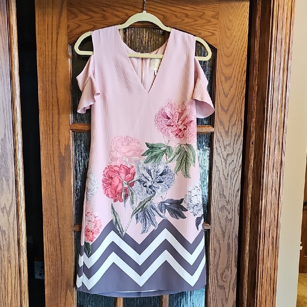Ted Baker London Pink Floral Cold-Shoulder V-Neck Midi Dress